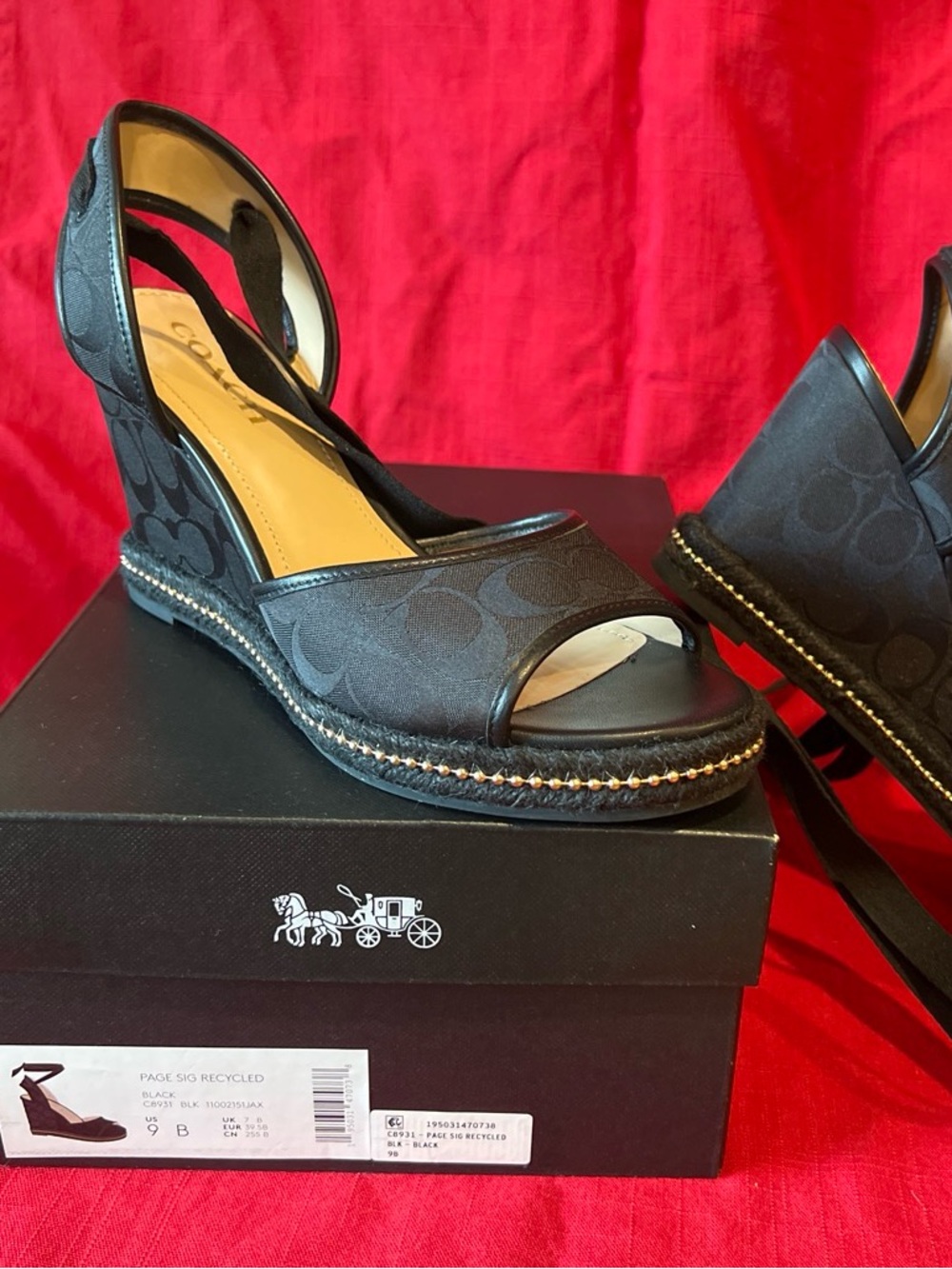 Coach Black Signature Espadrille Wedge Sandals with Gold Trim 9B